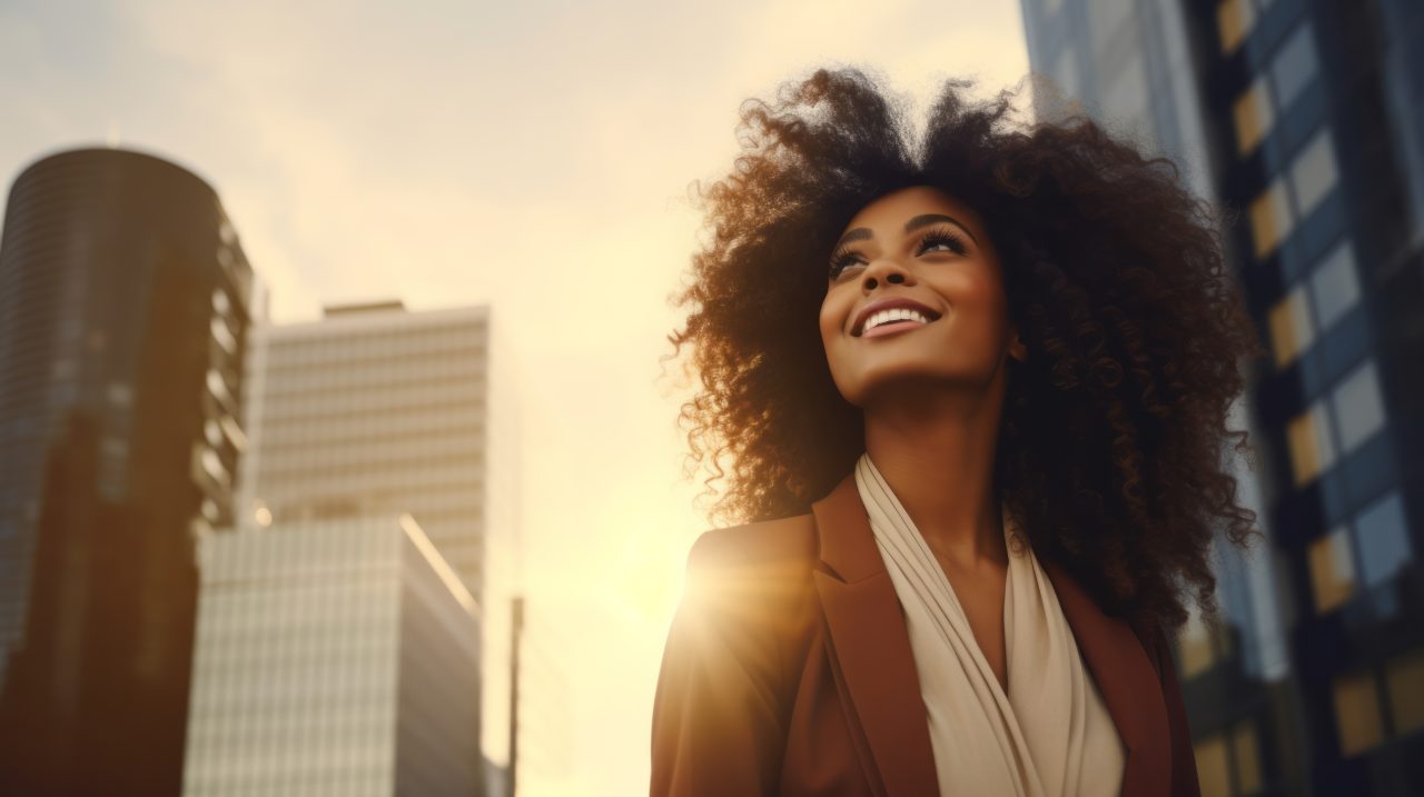 Young professional woman of color gazes to the sky after a successful day in her profession. She is standing between skyscrapers.